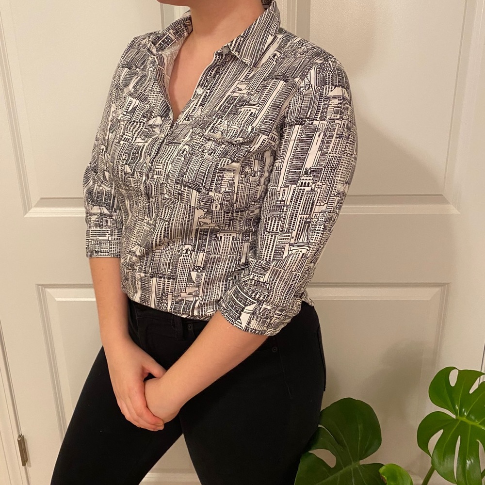 Patterned Half-button Blouse - Picture 2 of 4